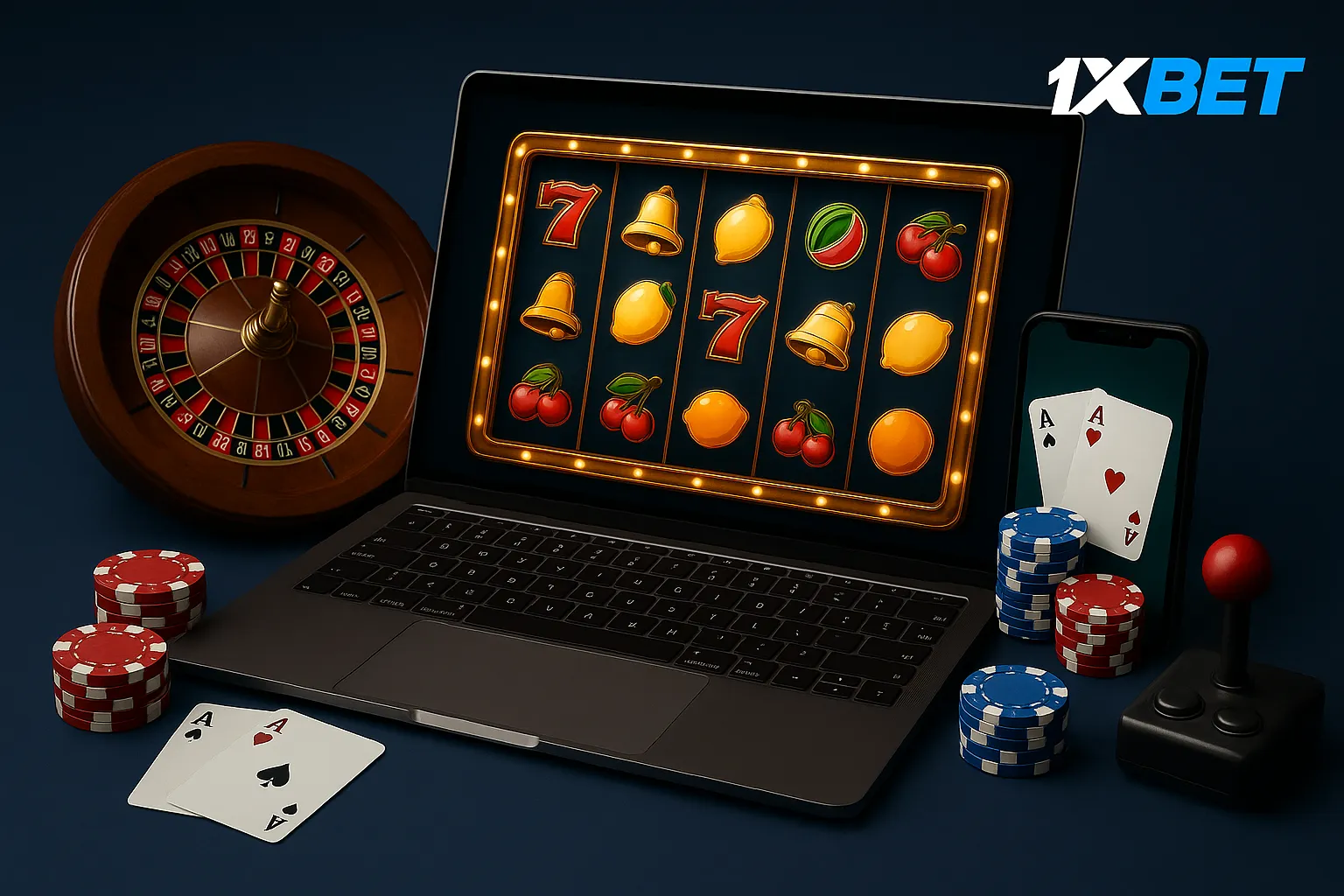 1xBet online casino banner featuring a laptop screen with a classic fruit slot game, a wooden roulette wheel, stacked poker chips, two aces playing cards on a smartphone display, and a joystick—illustrating winning strategies and immersive gameplay experience on 1xBet for real-money betting in Bangladesh.
