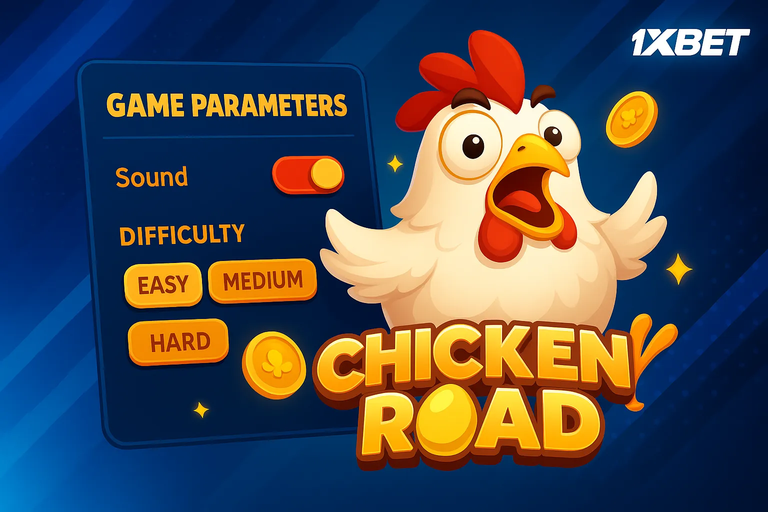 Mobile gaming banner for 1XBET’s Chicken Road featuring a surprised cartoon chicken, floating gold coins and a game-settings panel with sound toggle and Easy, Medium, Hard difficulty buttons on a vibrant blue background – perfect for Pakistani players